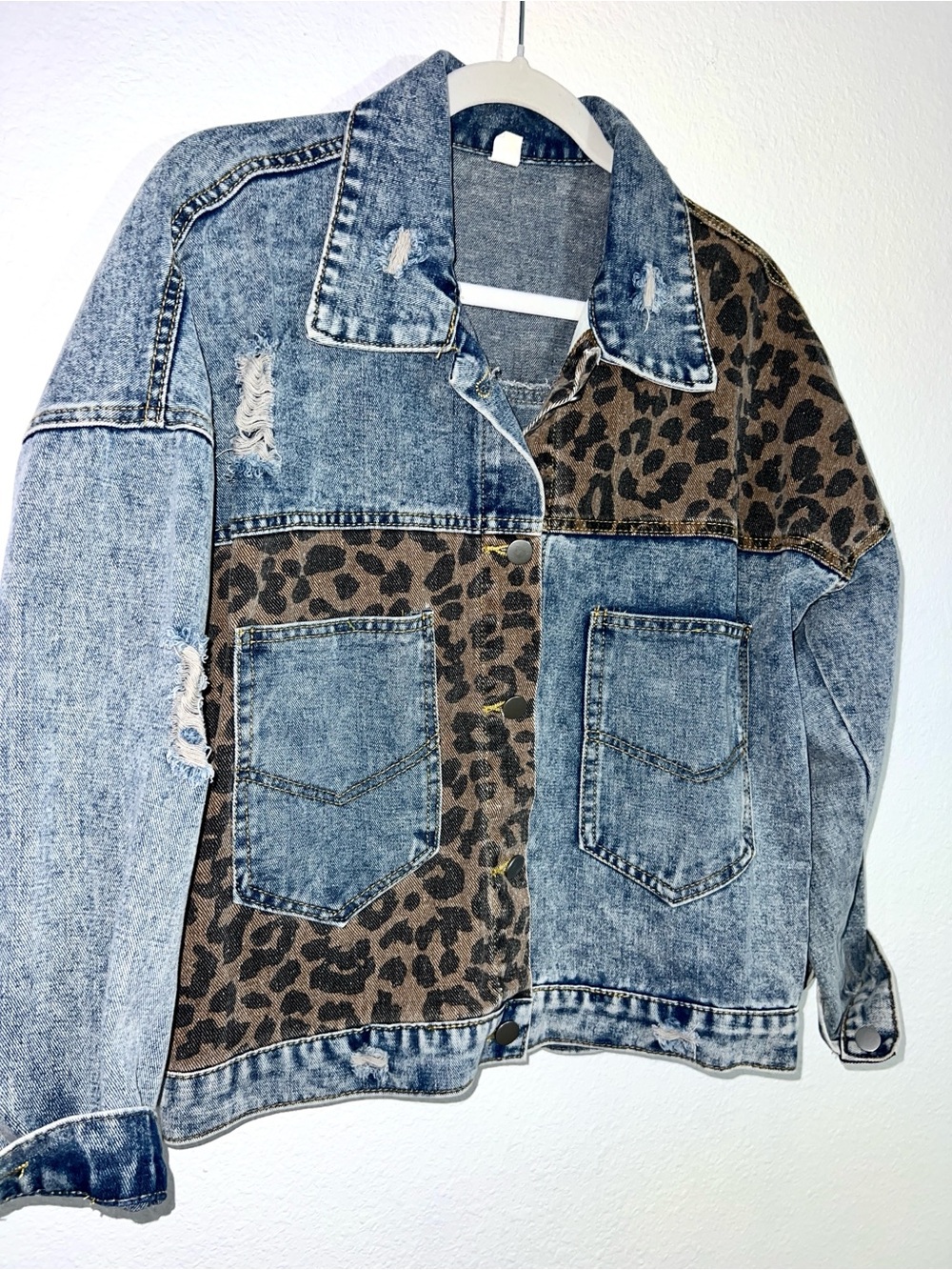 Leopard Print Patchwork Distressed Denim Jacket Small Acid Wash Trucker Oversize - Picture 2 of 10
